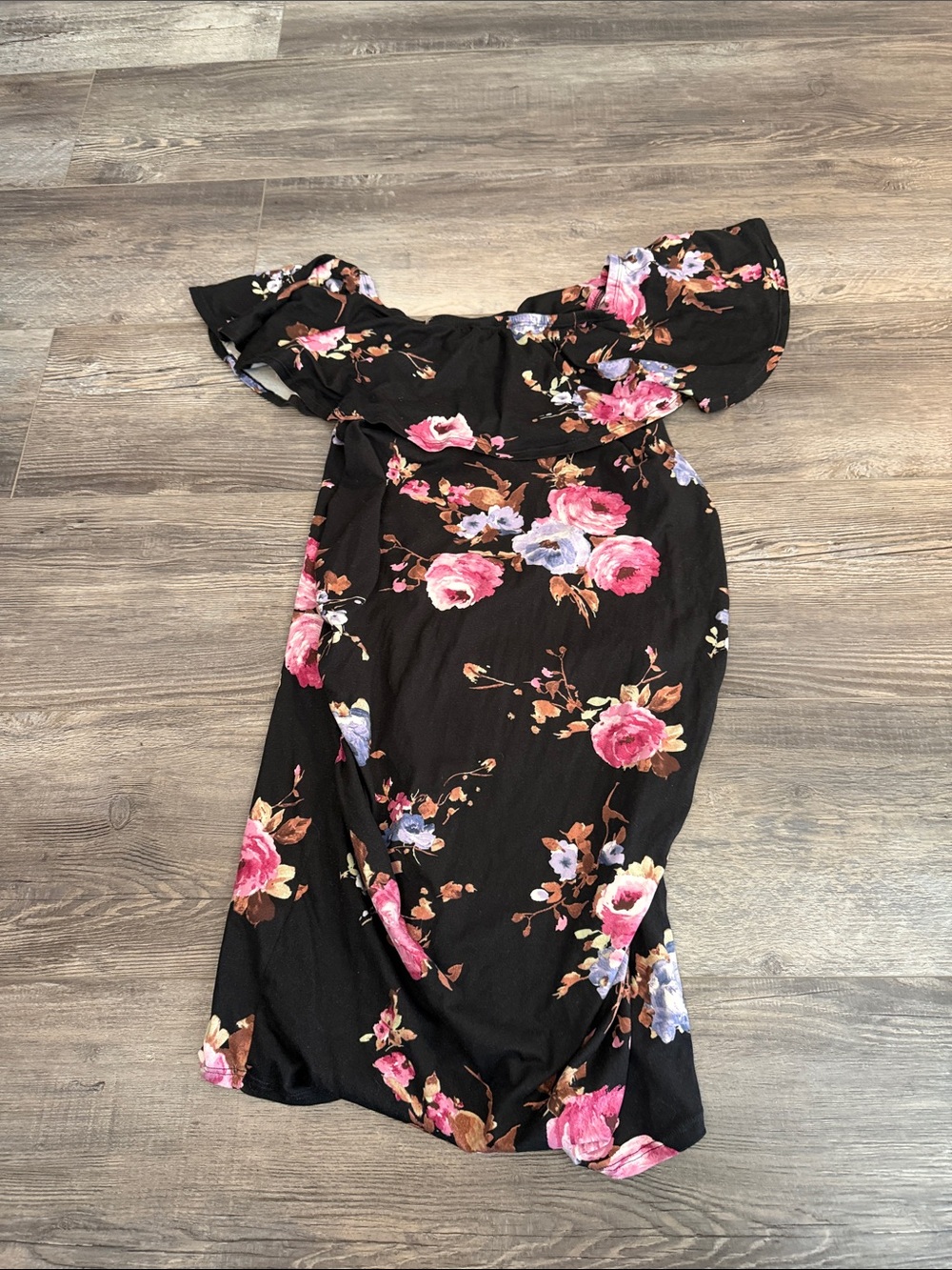 Hello Mia Black Floral Off-Shoulder Women's Dress - Pink & Purple Blooms
